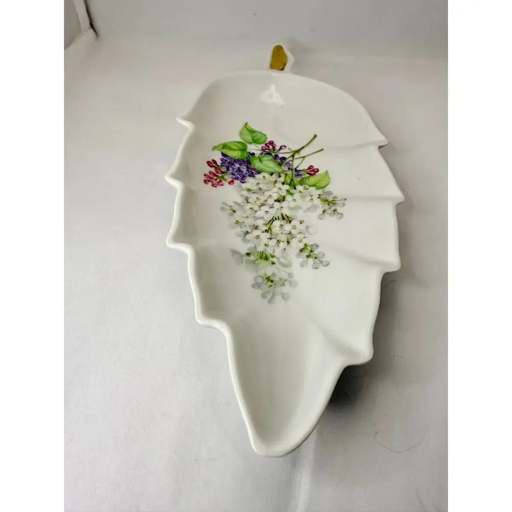Vintage Old Nuremberg Bavaria Germany Porcelain Leaf Dish Floral Gold Accent